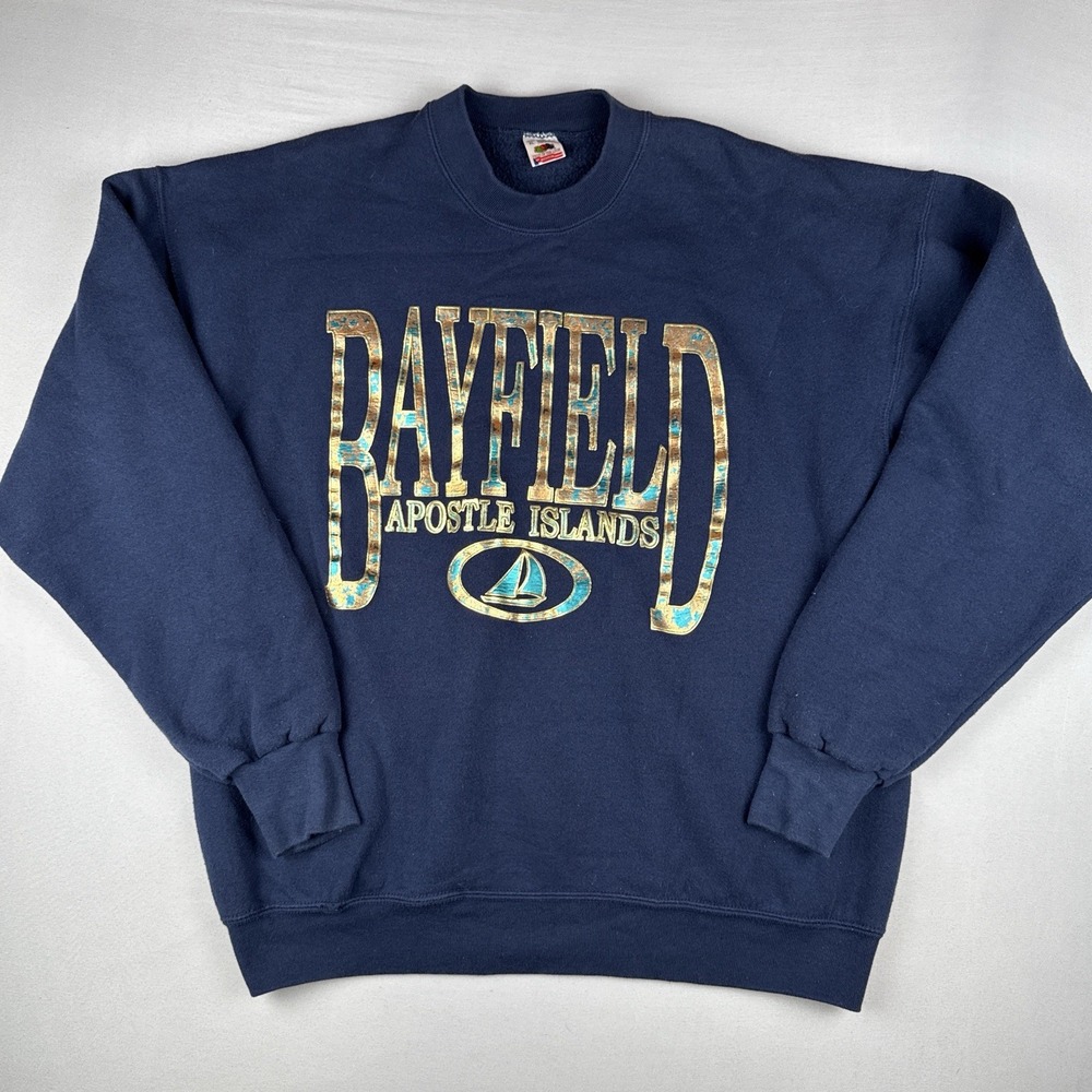 Vintage 90s Bayfield WI Apostle Islands Sweatshirt USA Made XL Navy - Picture 1 of 9